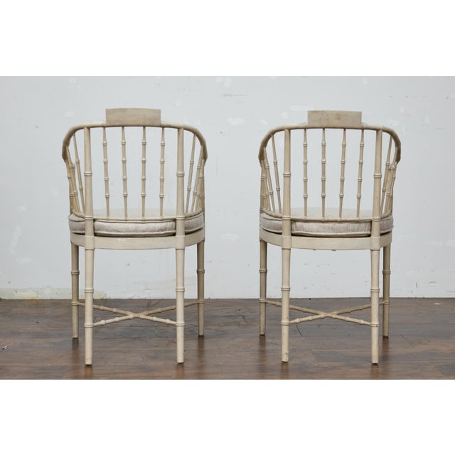 Pair of Baker Furniture Faux Bamboo Upholstered Armchairs in Soft White Finish For Sale - Image 9 of 12