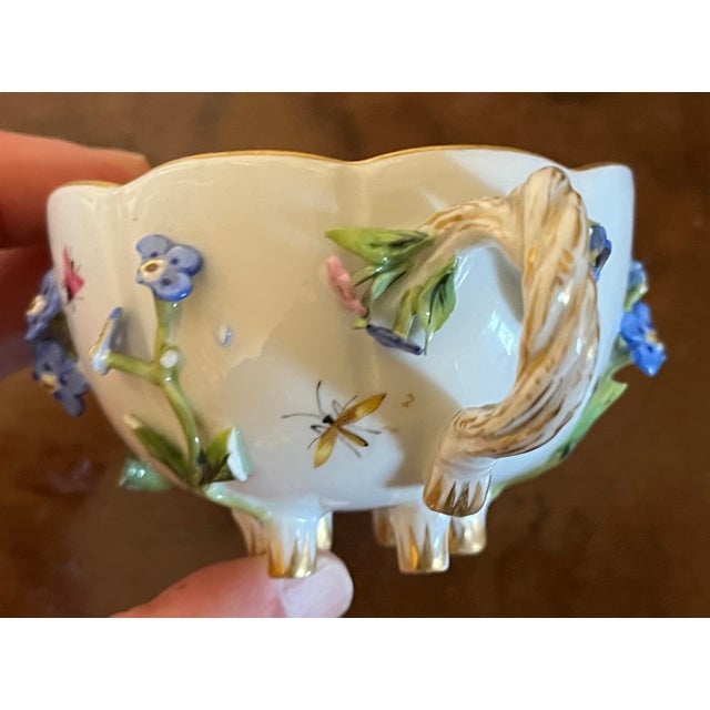 Antique Meissen Porcelain Tea Cup and Saucer With Applied Flowers and Hand Painted Insects For Sale - Image 11 of 12