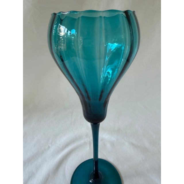 Mid 20th Century Italian Mid 20th Century, Ribbed Optic Empoli on Long Stem in Peacock/Teal For Sale - Image 5 of 6