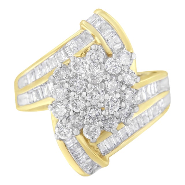 10K Yellow Gold Round and Baguette Diamond Crossover Cluster Ring (3 Cttw, I-J Color, I1-I2 Clarity) - Size 7-1/2 For Sale