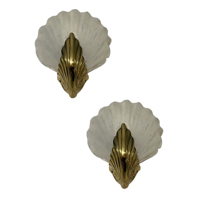 Italian Murano Frosted Glass Shell Sconces, 1960s, Set of 2 For Sale