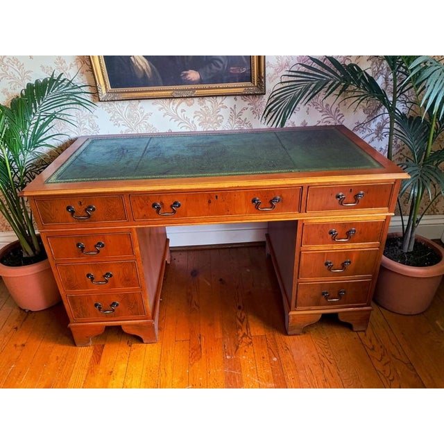 Brown Vintage Twin Pedestal Desk in Yew Wood and Leather Top, 1980 For Sale - Image 8 of 18
