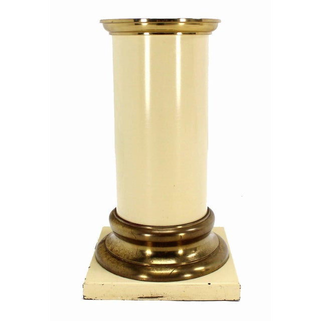 Wood Pair Brass and White Beige Lacquered Wood Round Pedestals Table Bases Stands For Sale - Image 7 of 8