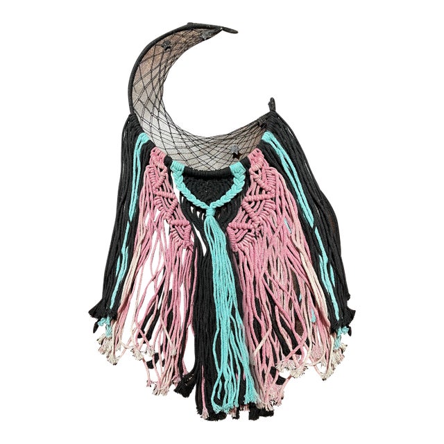 Crescent Moon Macramé Wall Hanging With Fringe For Sale