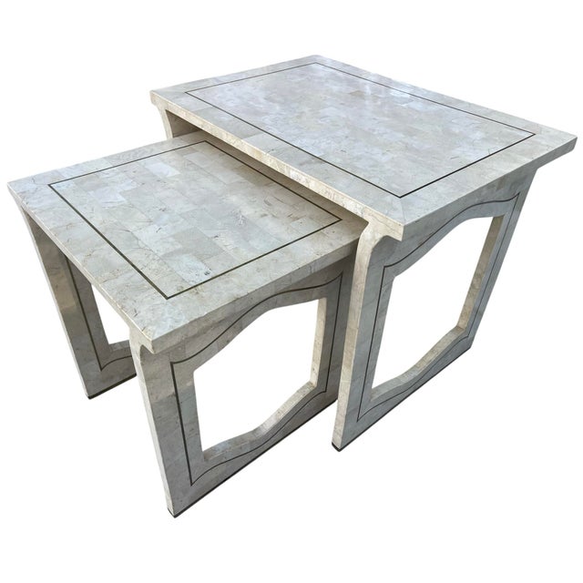 Maitland - Smith Marble Veneer & Brass Inlay Waterfall Nesting Tables, a Set of 2 | Hollywood Regency For Sale - Image 4 of 12