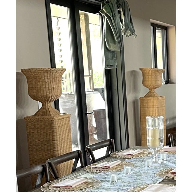Sand Pair of Rattan Urns on Pedestals For Sale - Image 8 of 8