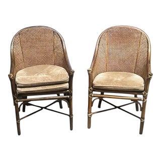 Pair of 1970s McGwire Rattan & Cane Arm Dinning Chairs For Sale