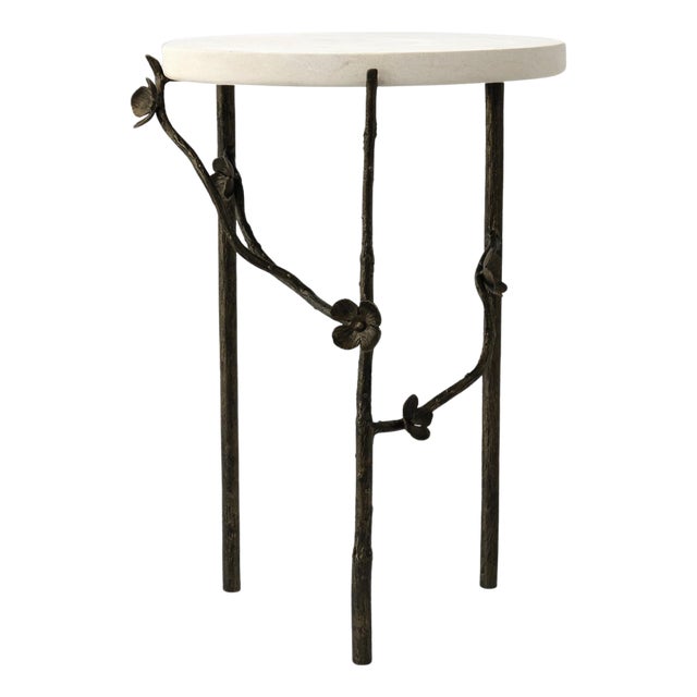Warm Black Modern Cherry Blossom Accent Table Travertine For Sale