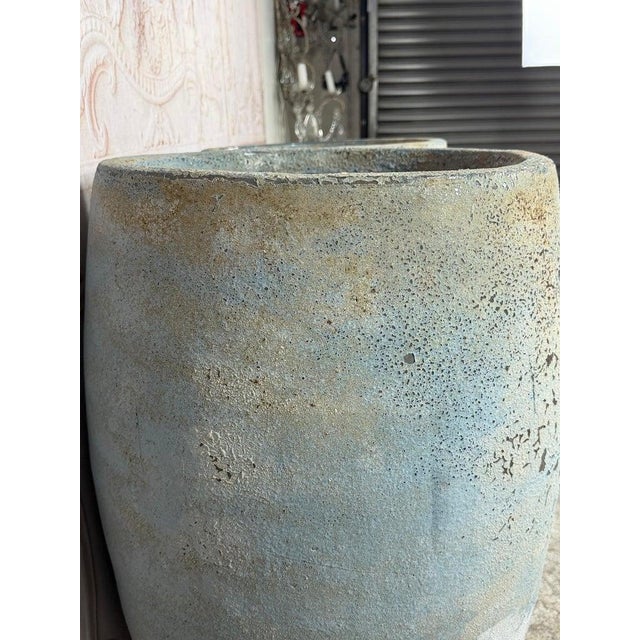 Pair of Large Atelier Vierkant Style Planters - Ocean Blue Patina Barrel Pots For Sale - Image 11 of 12