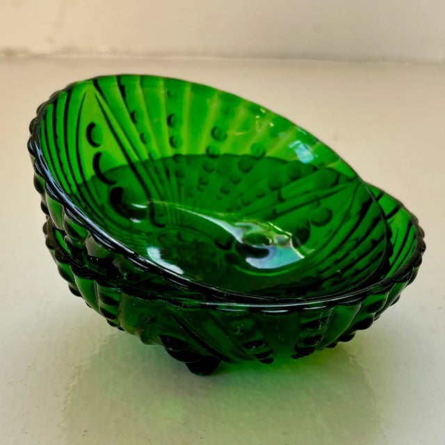 Glass Pair of Vintage Emerald Green Footed Bubble Glass Bowls Circa 1940s For Sale - Image 7 of 9