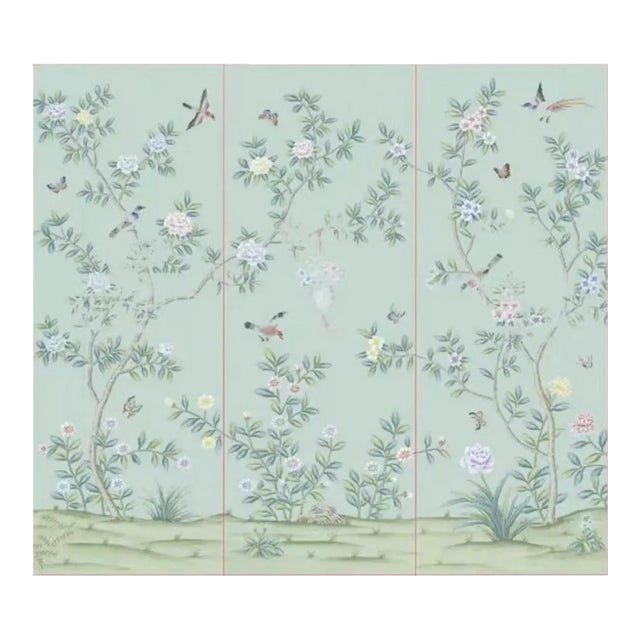 Chinoiserie Floral Wallpaper Hand Painted Wall Murals - 3 Panels For Sale