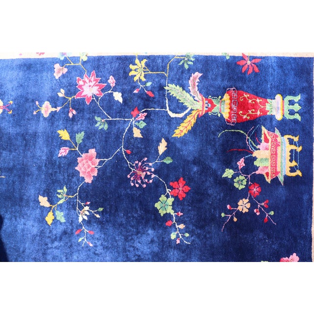 Art Deco Large Antique Art Deco Rug in Deep Navy Blue With Vibrant Red Border For Sale - Image 3 of 13