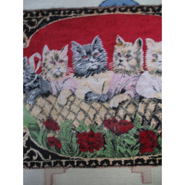 Vintage Cats in a Basket Red Tapestry Wall Hanging With Fring For Sale - Image 4 of 8