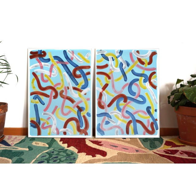 2022 "Urban Brushstrokes on Baby Blue" Acrylic Diptych Painting on Watercolor Paper by Natalia Roman - Set of 2 For Sale - Image 10 of 11