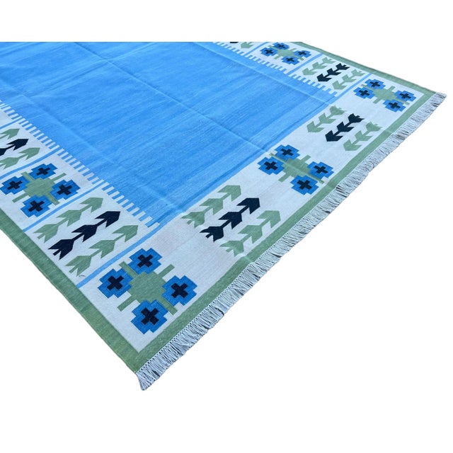 Not Yet Made - Made To Order Not Yet Made - Made To Order Handmade Cotton Natural Vegetable Dyed Reversible Sky Blue Green Black Leaf Pattern Rug Dhurrie - 12'x15' For Sale - Image 5 of 12