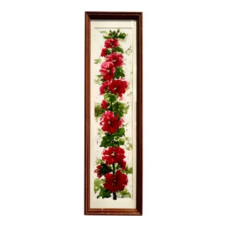 Framed Original Watercolor Tall Painting “Hollyhocks” Framed For Sale