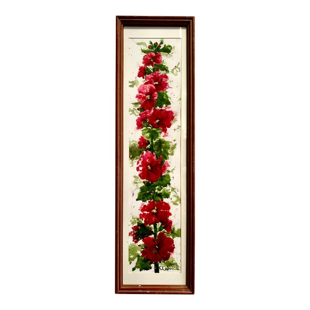 Framed Original Watercolor Tall Painting “Hollyhocks” Framed For Sale