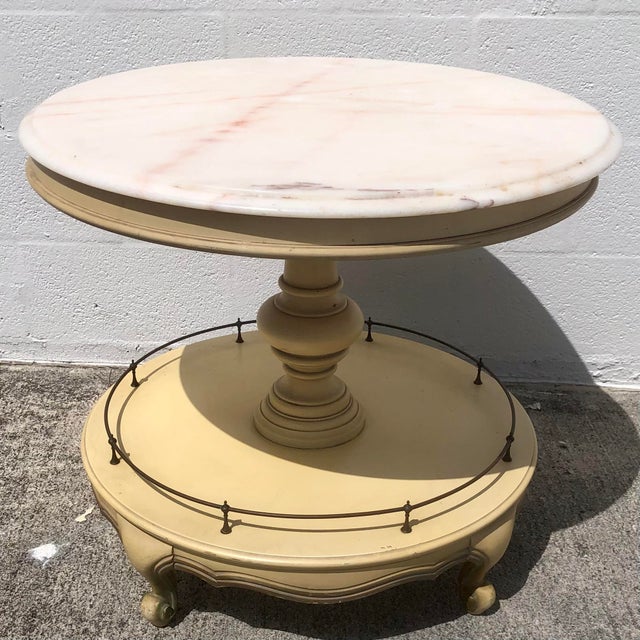Wonderful vintage French Provincial marble and wood side/end accrnt table. Circa 1970s. Large white marble top with...