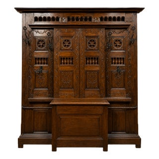 Large Neo-Gothic Carved Oak Entryway Wardrobe with Built-in Chest, Late 19th Century For Sale
