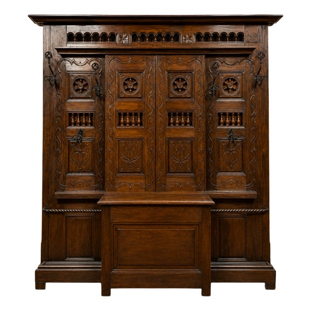 Large Neo-Gothic Carved Oak Entryway Wardrobe with Built-in Chest, Late 19th Century For Sale