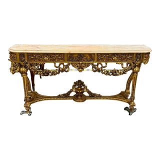 French Antique Console Louis XVI Style in Gold Leaf Details Marble Topped For Sale