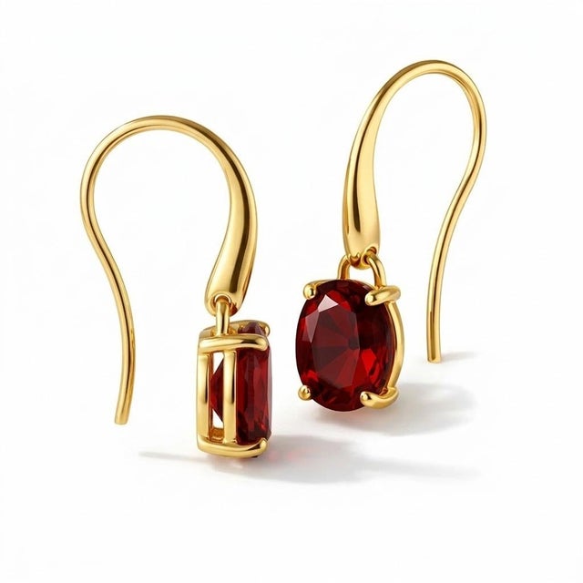 Contemporary Elegant Garnet Oval-Cut Drop Earrings in Gold, January Birthstone Dangle Earrings - A Pair For Sale - Image 3 of 5
