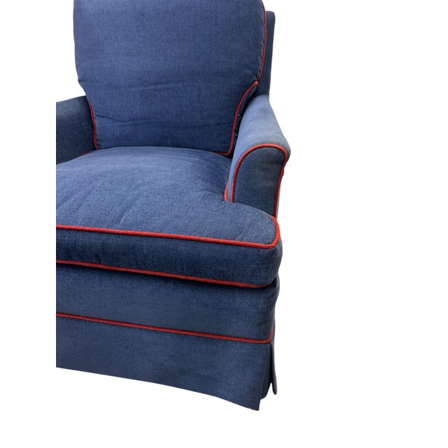 Wood Late 20th Century Navy Upholstered Red-Welted Club Chair With Matching Ottoman For Sale - Image 7 of 8