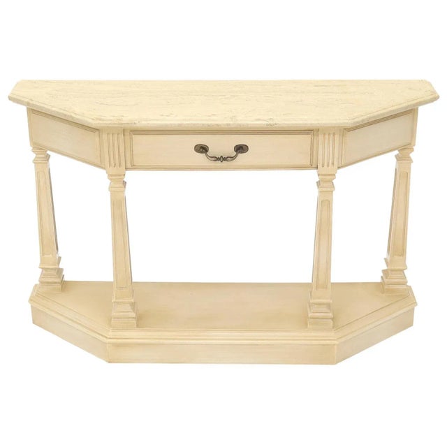 White Wash Finish One Drawer Wrap Around Shape Marble Top Console For Sale - Image 13 of 13