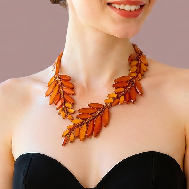 Oscar de la Renta Oscar De La Renta 22k Gold Plated Orange Amber Resin Leaf Statement Necklace For Sale - Image 4 of 13