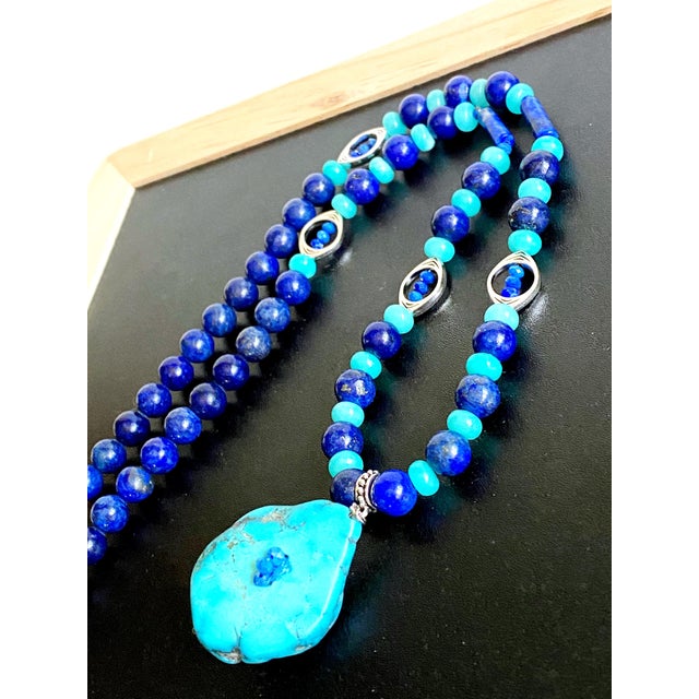 Contemporary Artisan One-of-a-Kind Gemstone Necklace With Vintage Arizona Turquoise, Lapis Lazuli & Blue Chalcedony For Sale - Image 3 of 18