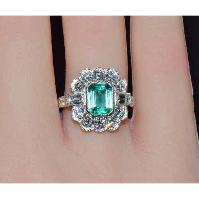 Art Deco Gia Certified 2.53ct Natural Zambian Emerald & Diamond Halo Milgrain 18k White Gold Ring, Size 5 For Sale - Image 3 of 16
