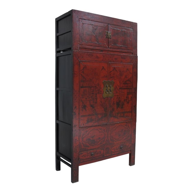 96" Tall Red Lacquer Antique Chinese Chinoiserie-Style Cabinet For Sale - Image 4 of 15