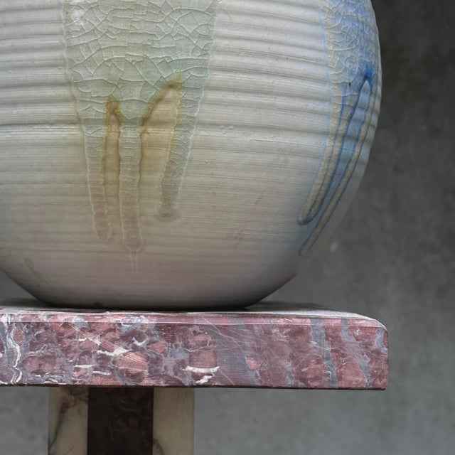 Vintage Japanese Abstract Expressionist Ceramic Vase With Muted Multicolor Crackle Glaze Drip Detail, Signed For Sale - Image 4 of 5