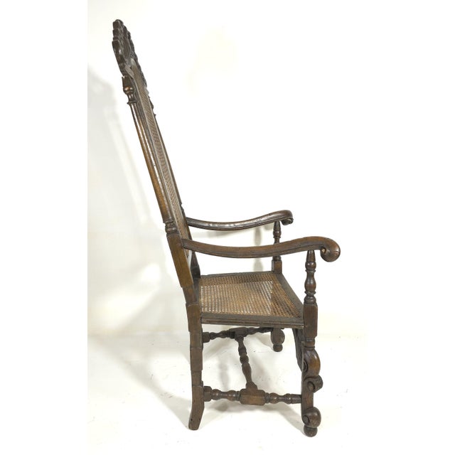 Antique Pair of 18th C. English William & Mary Baroque Rococo High Back Carved Armchairs With Beautiful Caning on Seat & Back For Sale - Image 4 of 8