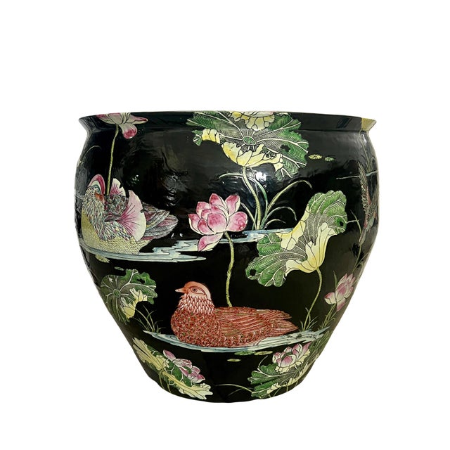 1950s Huge Chinese Famille Noire Black Porcelain Jardiniere, Mandarin Ducks, Birds & Lotus Pond Goldfish Bowl Planter, Signed, Hong Kong For Sale - Image 5 of 14