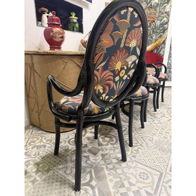 Black Lacquered Bamboo Chairs with Floral Fabric by Vivai Del Sud, 1970, Set of 4 For Sale - Image 3 of 11