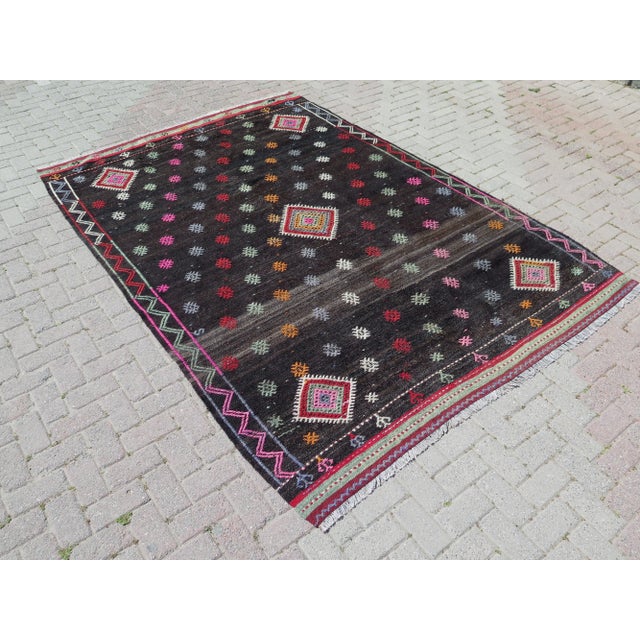 Mid 20th Century Mid 20th Century 60s Black Handwoven Turkish Tribal Kilim Wool Area Rug For Sale - Image 5 of 11