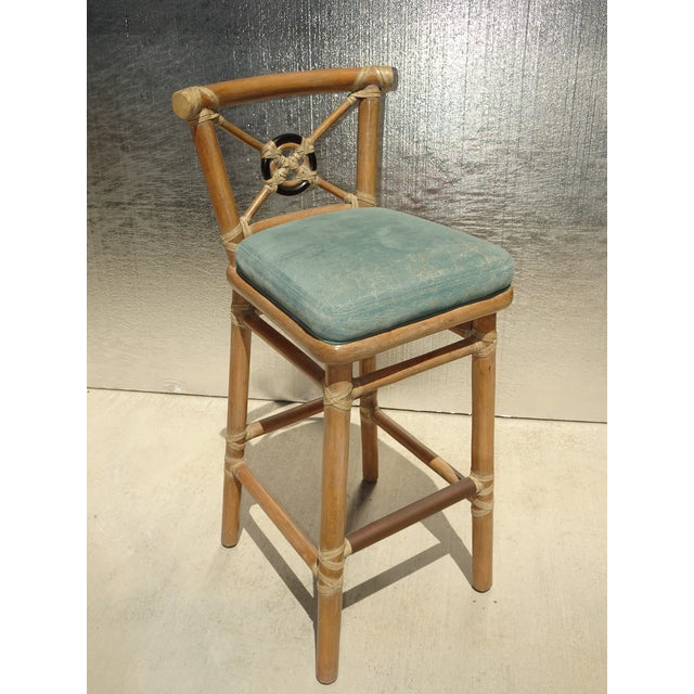 1980s Set of Three Vintage McGuire Bamboo Barstools W Leather Straps For Sale - Image 5 of 12