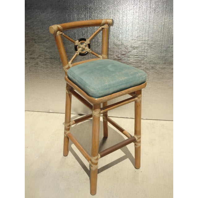 1980s Set of Three Vintage McGuire Target Back Bamboo Barstools W Leather Straps For Sale - Image 5 of 12