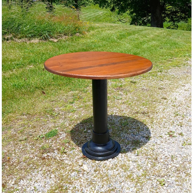 Antique Round Oak Top Pub Table or Game Table With Cast Iron Column Base For Sale - Image 4 of 17