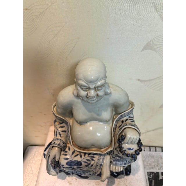 Chinese Vintage Ceramic Buddhist Sculpture,Hand Carved Blue and White Porcelain the Eighteen Arhats Statue For Sale - Image 4 of 9