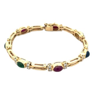 Diamond & Gems Gold Bracelet 14k Yellow Oval Link Ruby Sapphire Enerald For Sale