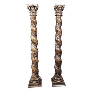 Carved Oak Twisted Columns, 1700s, Set of 2 For Sale