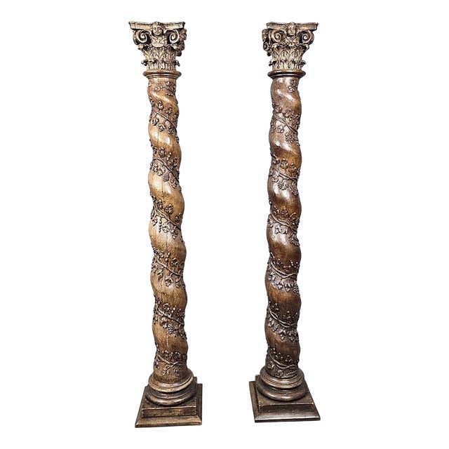 Carved Oak Twisted Columns, 1700s, Set of 2 For Sale