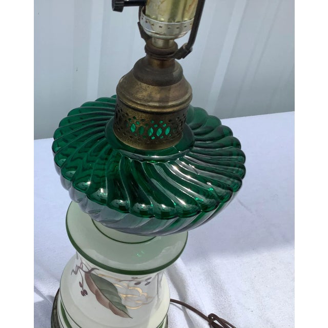 1950s 1950s Hand Painted Emerald Green Glass Top Vintage Lamp For Sale - Image 5 of 7