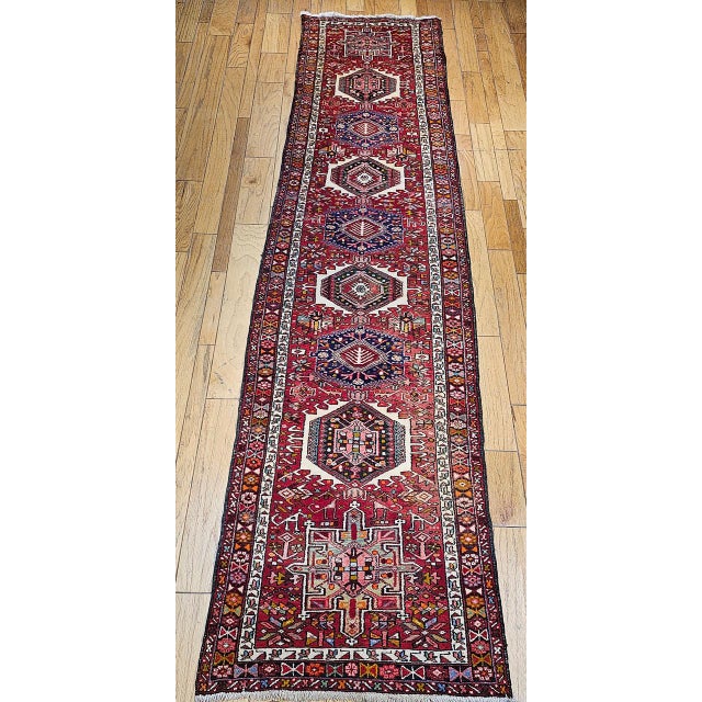 Antique Persian Heriz Karajeh Runner, Hand-Knotted Wool, Geometric Medallion Pattern, Red & Navy, 4x14 For Sale - Image 10 of 18