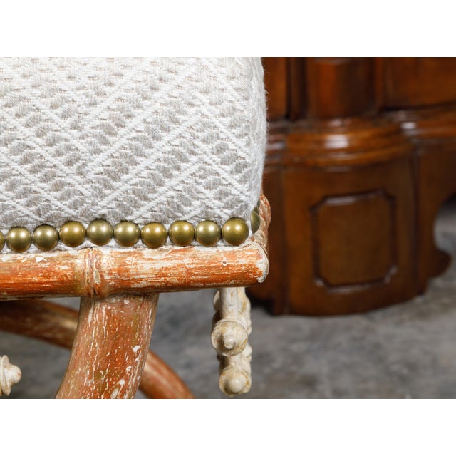 Textile English Chinese Chippendale Style Faux Bamboo Stool with New Upholstery For Sale - Image 7 of 12