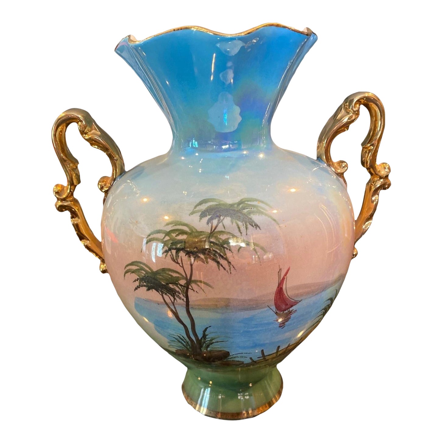 Vintage 1950s Ornate Baroque Lusterware Gold Gilded Lake Scene Vase Italy, Signed Number Chairish