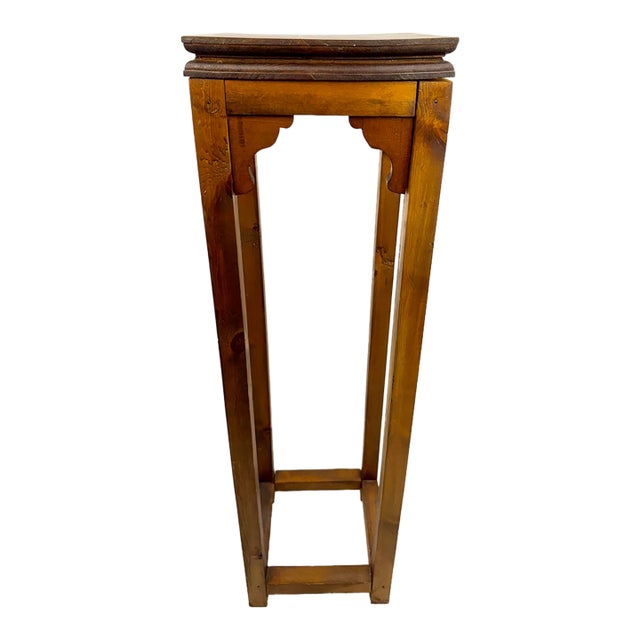 Vintage Rustic Wood Tall Plant Stand With Scalloped Brackets For Sale