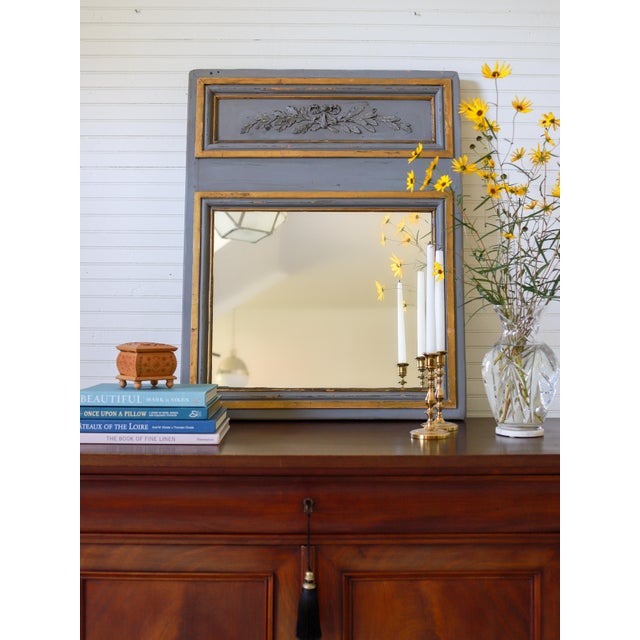 Antique Trumeau Style Gray Painted Wall Mirror With Gold Leaf For Sale - Image 12 of 12